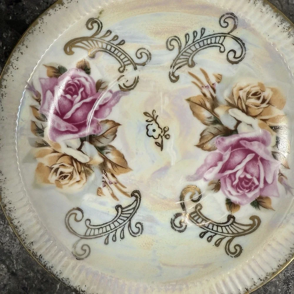 Vintage Inarco Japan Teacup Saucer Roses Gold Trim Lusterware Iridescent Rainbow